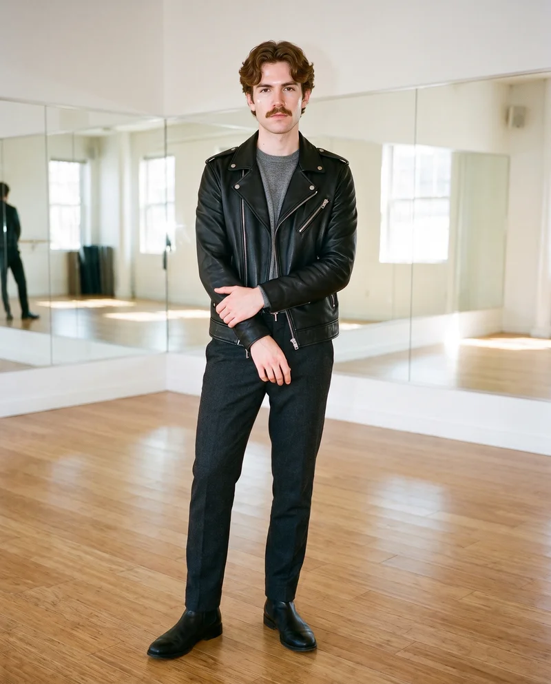 Men's Black Biker Leather Jacket, Full body at Front, Clean Catalog lighting