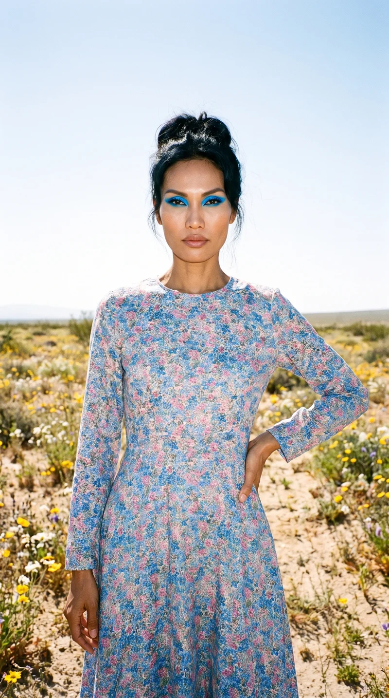 Floral Print Modest Maxi Dress, Three-quarter length at Front, Natural E-Commerce lighting