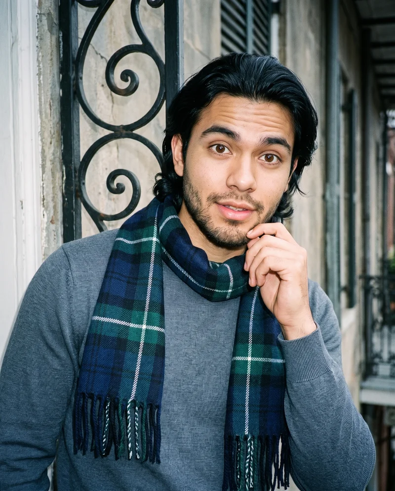 Men's Navy Checked Wool Scarf, Bust at Front, Clean Catalog lighting