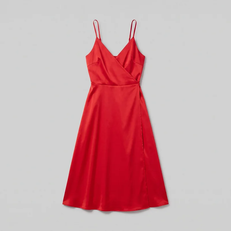 A red satin women's wrap dress is shown flat in a full front view against a plain backdrop. It has thin spaghetti straps, a surplice V neckline with overlapping front panels, diagonal wrap seams and under-bust shaping seams on the tailored bodice, a defined waist, and an A-line midi skirt with a wrap-front panel and straight hem. No buttons, zipper, pockets, logos, prints, embroidery, or embellishments are visible.