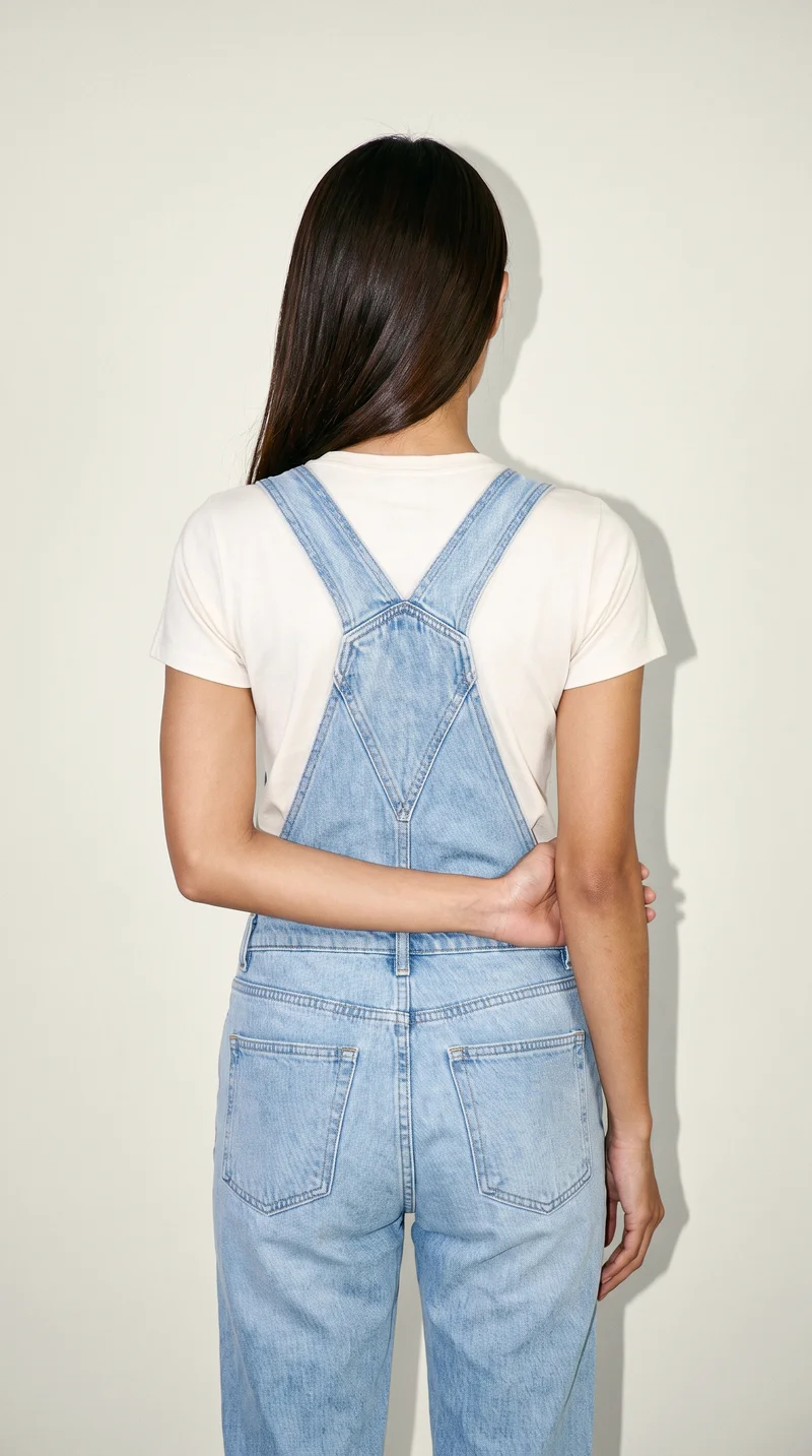 Women's Light Wash Denim Dungarees, Three-quarter length at Back, Natural E-Commerce lighting