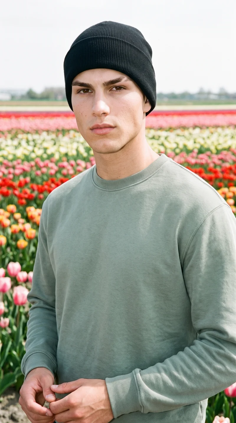 Men's Black Knit Beanie, Upper body at Three-quarter, Natural E-Commerce lighting