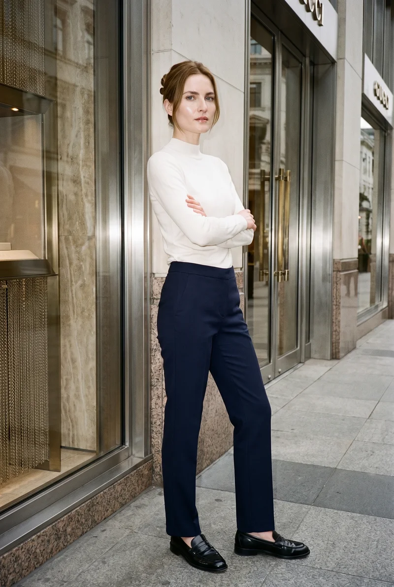 A 36-year-old Slavic woman wears women's navy wool tailored trousers in a full-body view from a front three-quarter angle. She stands in a self-hug pose with a serious expression, against a Luxury Boulevard Storefront backdrop.