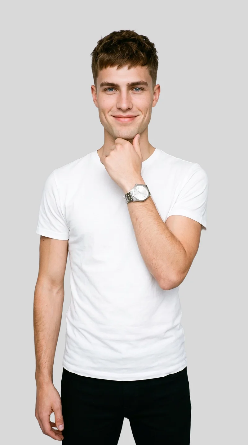 A 22-year-old Caucasian man is shown from the upper body in a front view, smiling with his wrist raised beside his jaw to display a men's silver analogue watch. The image has a flat pearl grey backdrop.
