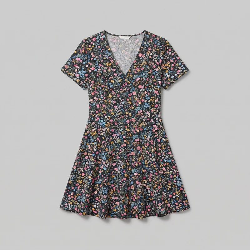 A mostly complete front view of a short-sleeve V-neck fit-and-flare dress laid flat. The dress has a defined waist, a tailored bodice, a flared A-line skirt with a straight hem, and an all-over small botanical floral print of scattered blossoms, leaves, and fine stems.