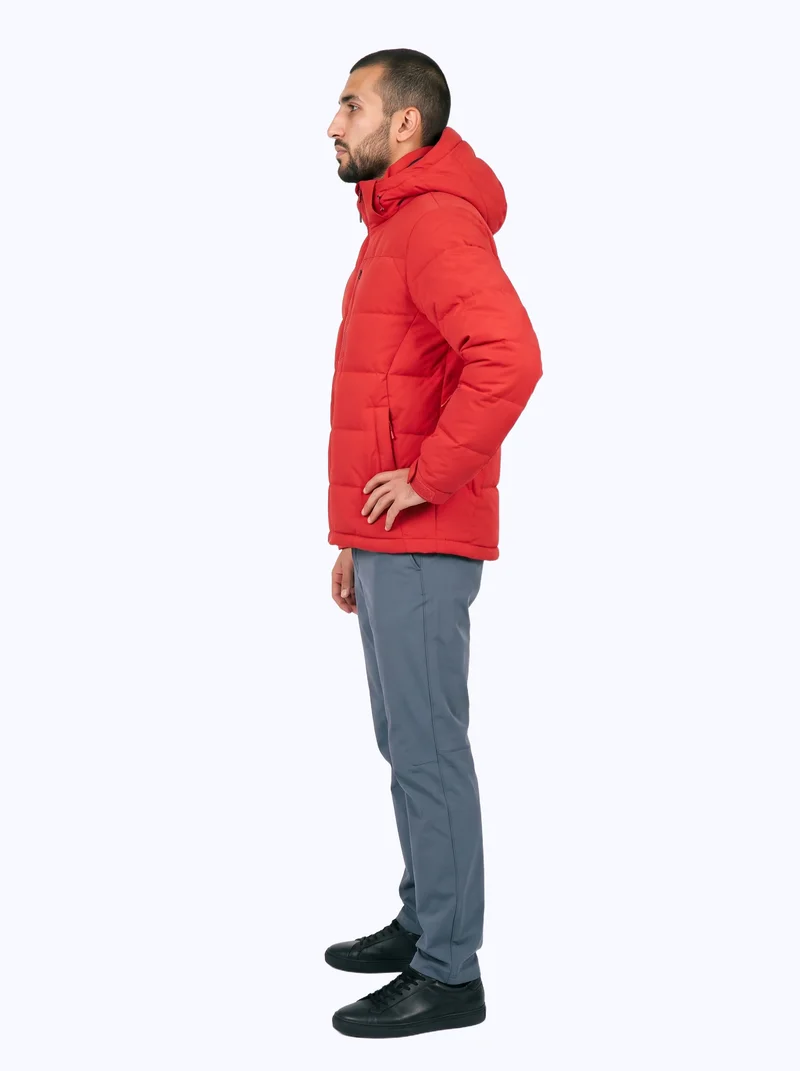 Men's Red Insulated Ski Jacket, Full body at Side, Studio Cutout lighting