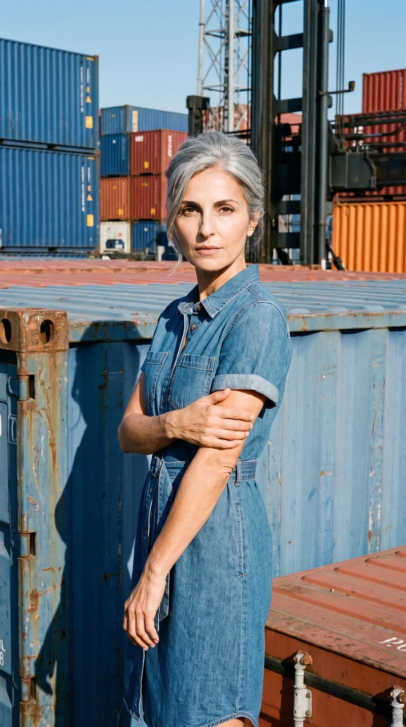 Denim Shirt Dress, Three-quarter length at Three-quarter, Flash Editorial lighting