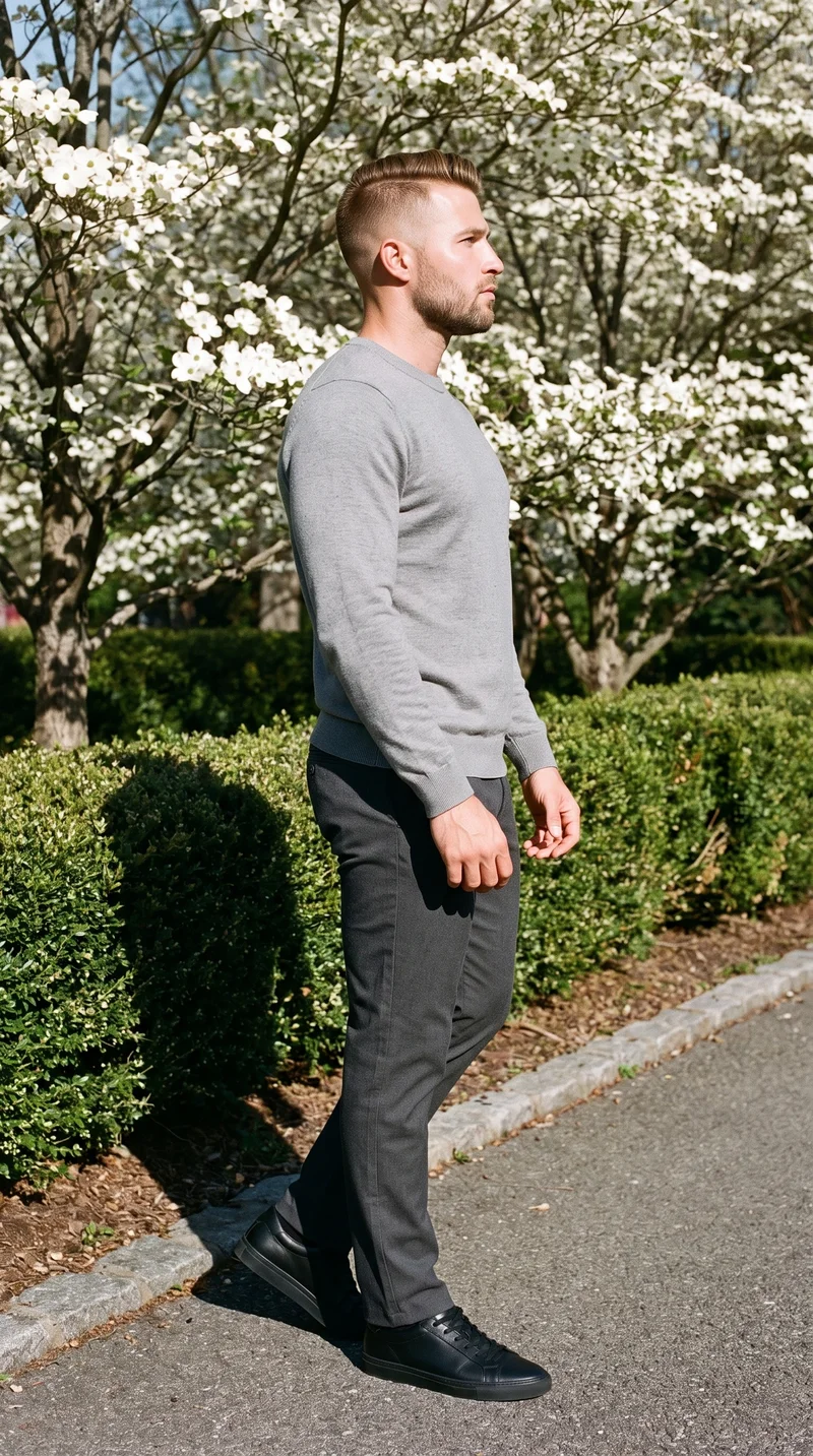 Men's Grey Crewneck Pullover Jumper, Full body at Side, Flash Editorial lighting