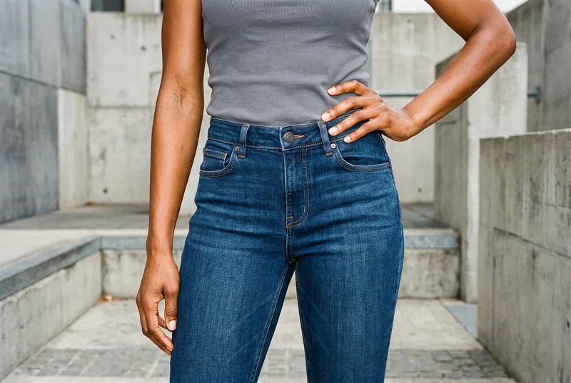 Women's indigo slim jeans shown from the front in a waistline crop, with a hand positioned low on the waist. A parkour urban obstacles backdrop is visible.