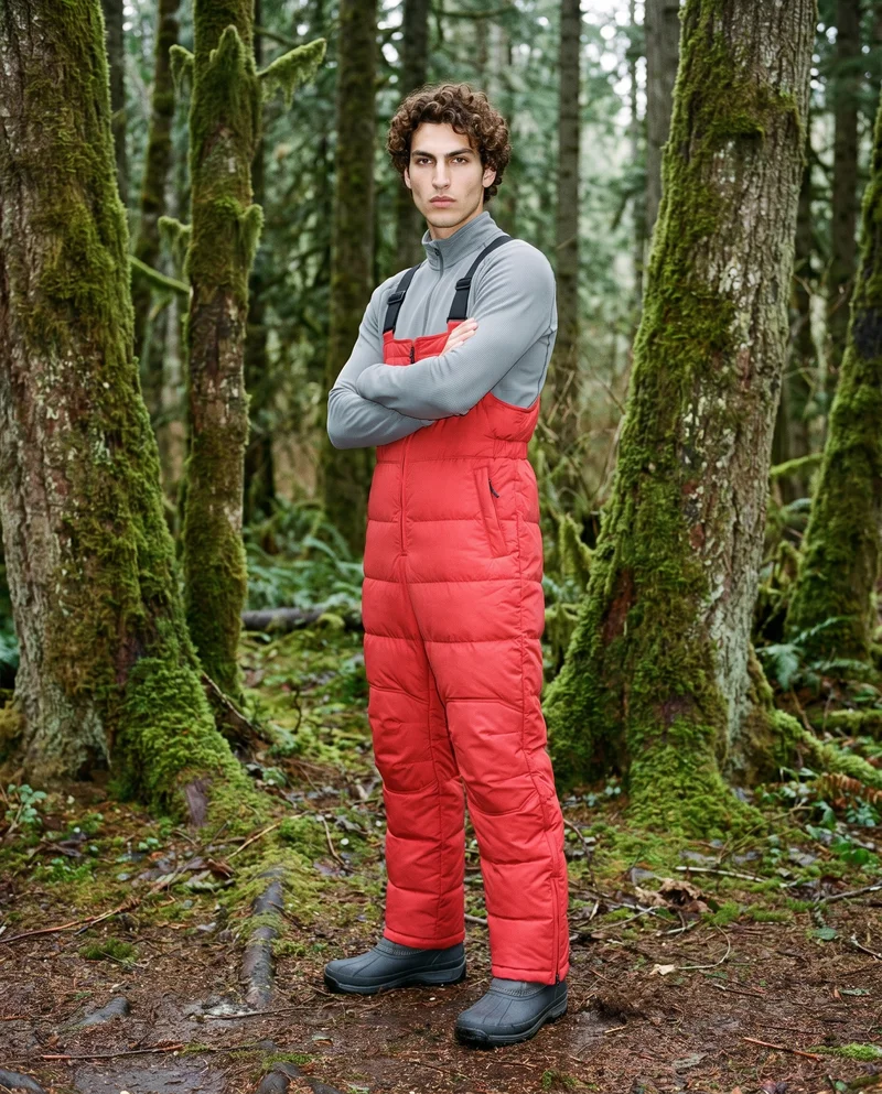 A 25-year-old Hispanic man wears red padded salopettes in a full-body view from the front three-quarter angle. He stands in a self-hug pose with a serious expression. The Olympic Rainforest appears as the backdrop.