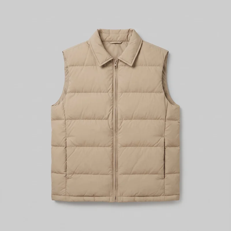 A beige sleeveless quilted down gilet is shown as a standalone front view. It has broad shoulder coverage, open armholes, a fold-down point collar, a centered full-length zipper with visible pull, horizontal padded baffle panels, vertical side seams, lower side-entry pockets, and a straight bottom hem.