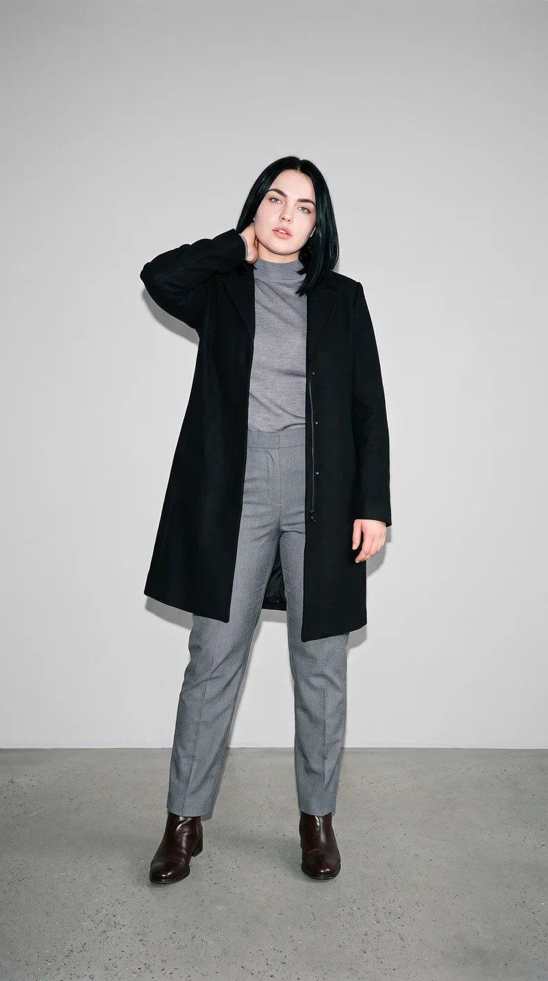 Women's Black Overcoat, Full body at Front, Clean Catalog lighting