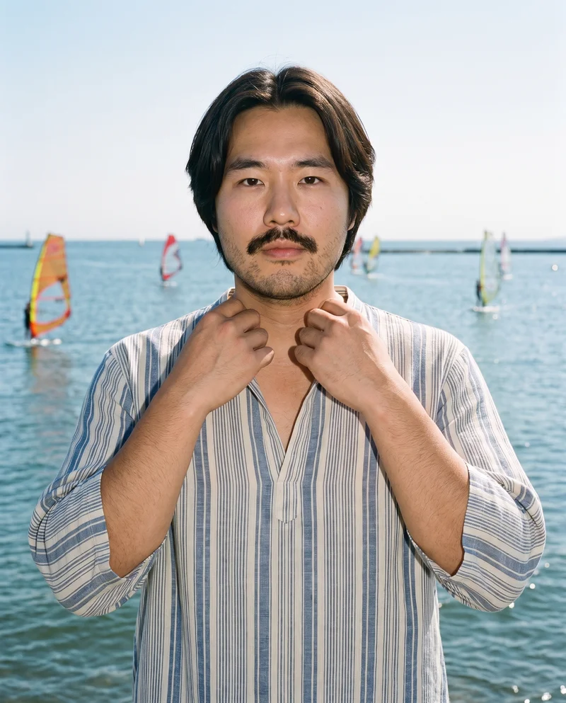 Men's Striped Beach Cover-Up, Upper body at Front, Clean Catalog lighting