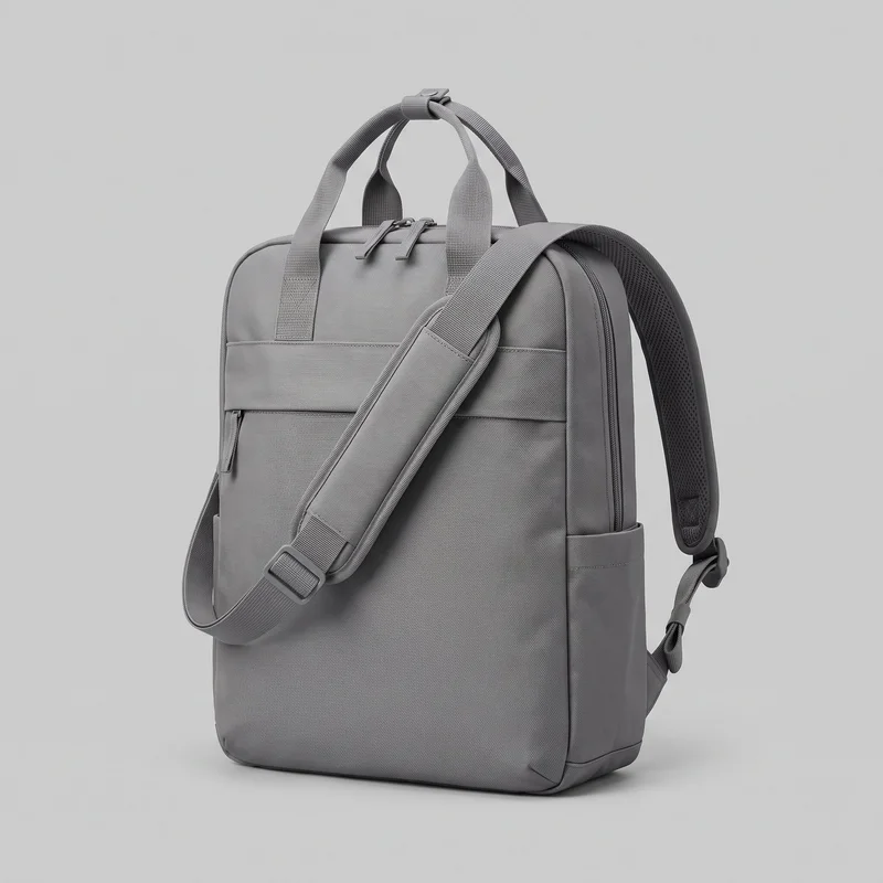 A grey women's laptop backpack is shown alone in a three-quarter view against an unspecified backdrop. The structured backpack has a rectangular upright shape with rounded top corners, a flat reinforced base, and a slightly boxy profile. Visible details include dual webbing top grab handles joined by a wrap tab, two padded adjustable shoulder straps with slider hardware, a top zip opening with two pull tabs, a wraparound side zipper track, a broad horizontal front panel band, a vertical front zip pocket, stitched panel seams, and lower side slip pockets. The surface has a fine all-over woven texture, with no visible logos, prints, patches, embroidery, or embellishments.
