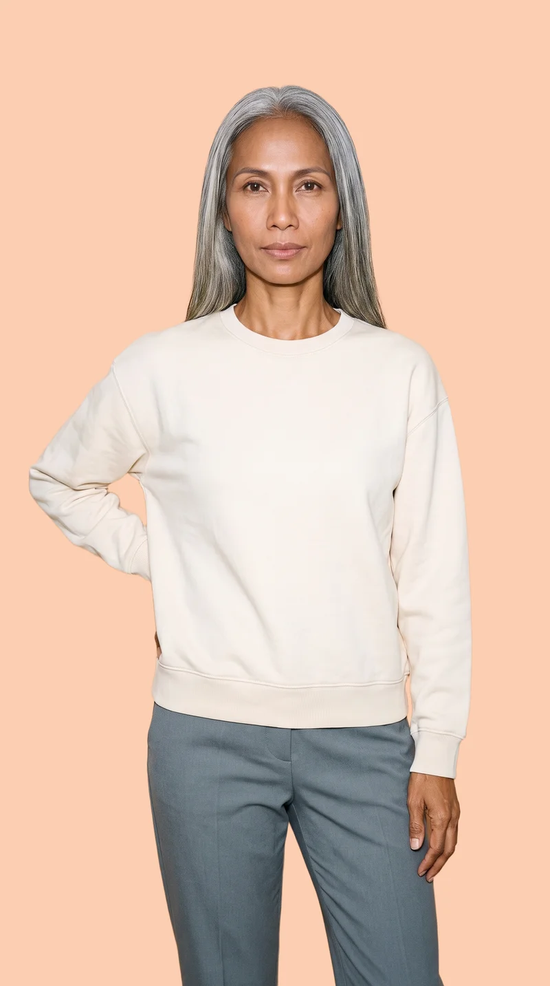 Women's Cream Oversized Crewneck Sweatshirt, Three-quarter length at Front, Studio Cutout lighting