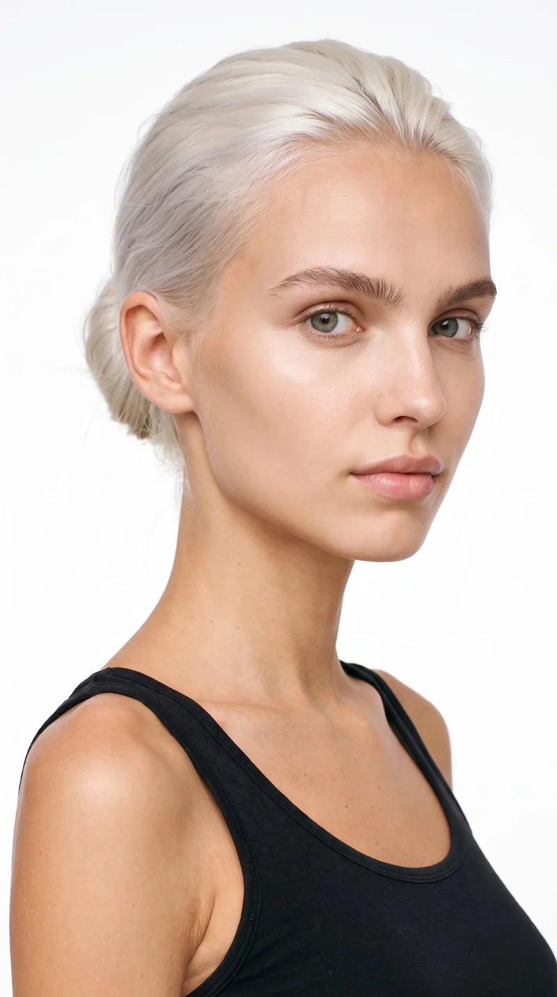 This 22-year-old Caucasian woman has lightly tanned fair skin with a warm golden undertone. Her face has balanced oval proportions and a softly rounded jaw. She has thick eyebrows, cool clear grey eyes, and full lips. Her very light, near-white blonde hair is wound into a rounded bun.