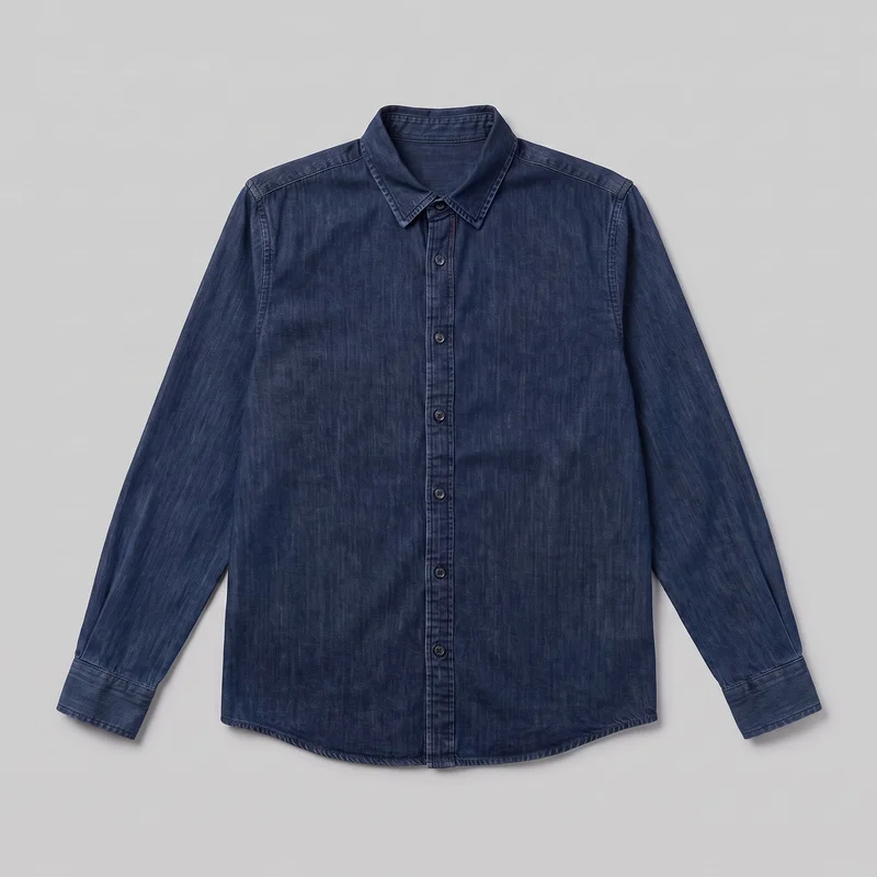 Indigo denim shirt laid flat in a mostly complete front view. The regular-fit shirt has a pointed fold-down collar, full button placket, long sleeves with cuffed ends, set-in shoulders, visible tonal topstitching, subtle vertical slub-like texture, and a curved shirttail hem; no chest pockets are visible.
