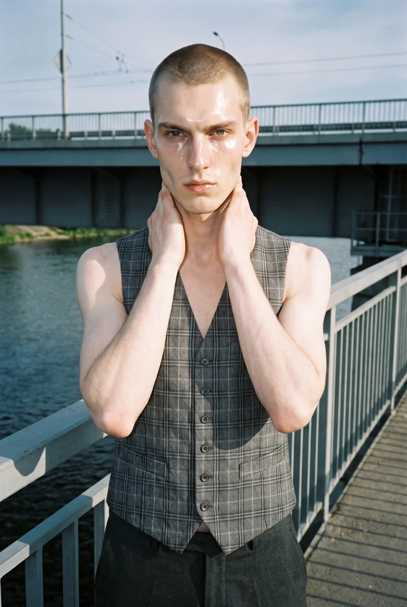 A 19-year-old Caucasian male model wears a grey checked waistcoat in an upper-body front view, with his hands on his neck and a neutral expression. A bridge pedestrian backdrop is visible behind him.