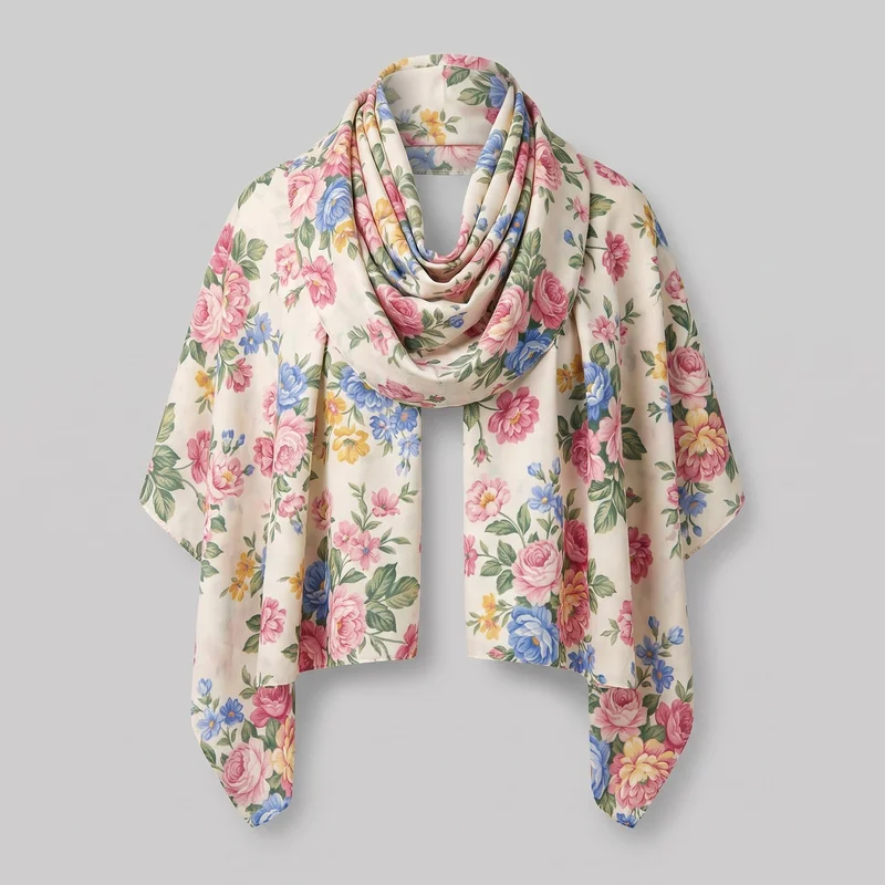 A rectangular floral print shawl is displayed on a mannequin neck, wrapped in a loose loop with two broad panels hanging down the front. The scarf has soft rounded corners, narrow finished edges, and an all-over floral-and-leaf print across its surface. No closures, logos, patches, embroidery, or separate embellishments are visible.
