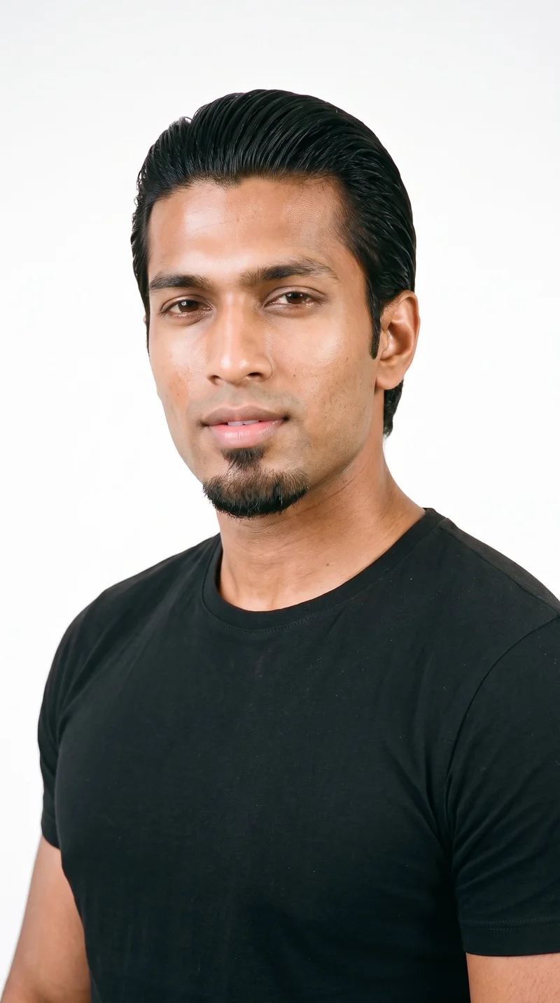 A 24-year-old Indian man with a medium-brown neutral skin tone and a long face that is more elongated than wide, with a tall forehead and elongated cheeks. He has medium-thickness eyebrows, brown eyes, and full lips. His deep black hair is styled close to the head with a glossy wet-look finish, and he has a compact goatee centered on the chin while the cheeks remain clear.