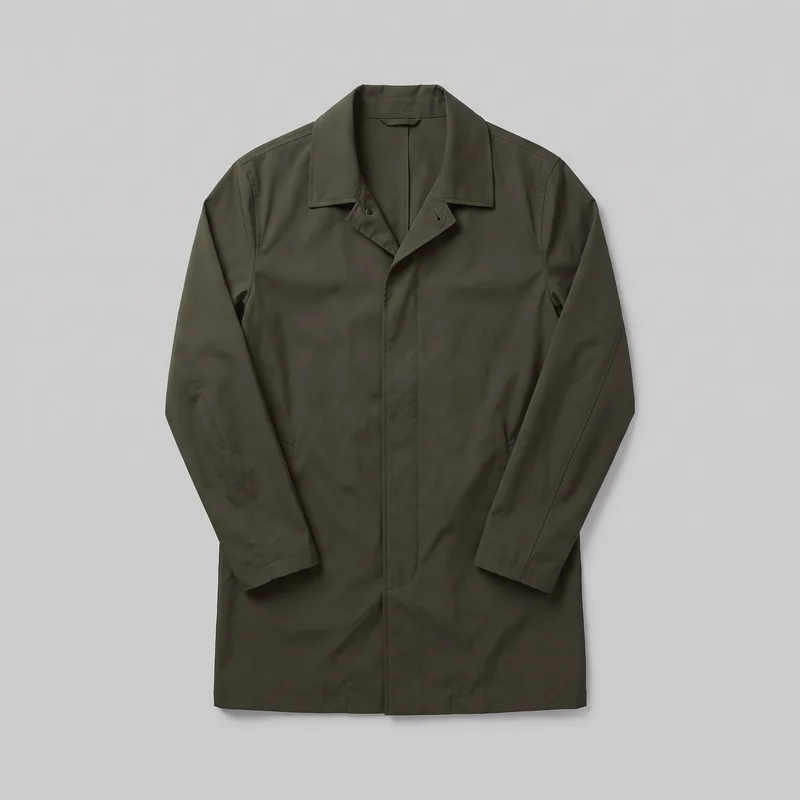 An olive men's packable raincoat is shown laid flat in a full front view. The long coat has a straight regular silhouette, pointed spread collar, set-in shoulders, full-length sleeves, straight hem, center placket with a concealed main closure and visible top button area, stitched edges, and partially visible angled welt pockets at the lower sides.