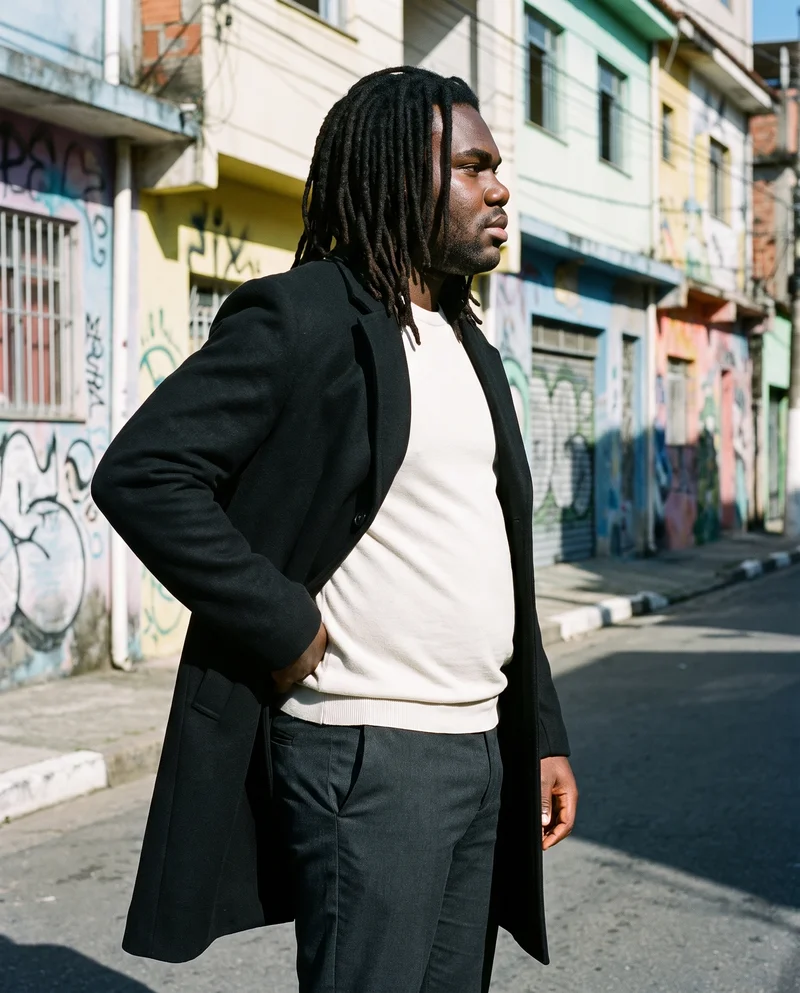 Men's Black Overcoat, Three-quarter length at Side, Flash Editorial lighting