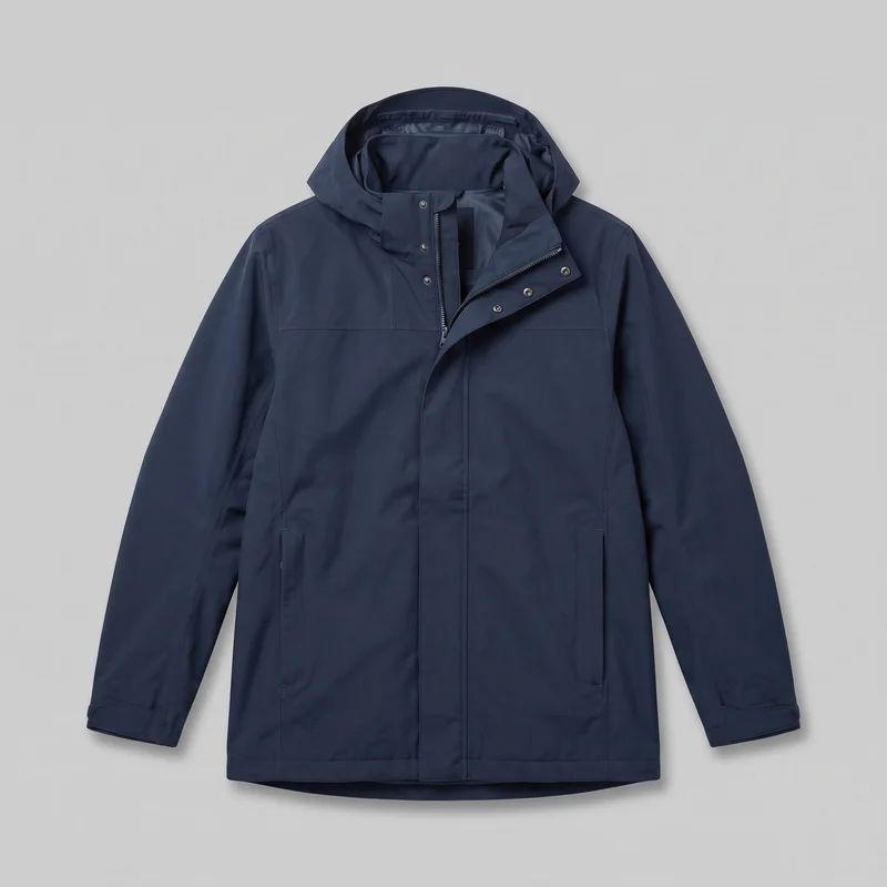 Men's navy waterproof parka shown in a complete front view as a standalone product. The hip-length jacket has a structured hood integrated with a high stand collar, long set-in sleeves, a central zipper covered by a wide snap-fastened storm placket, two lower vertical zip pockets, adjustable cuff tabs, and a slightly lower back hem visible beneath the straight front hem.