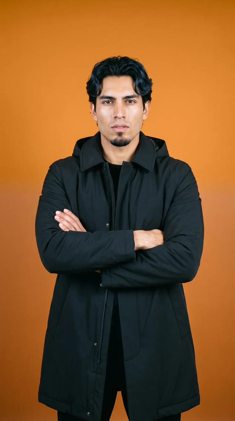A 25-year-old Hispanic man wears a black parka in a front-facing three-quarter-length view, standing with his arms crossed and a confident expression. An ochre yellow studio-wall backdrop fills the background.