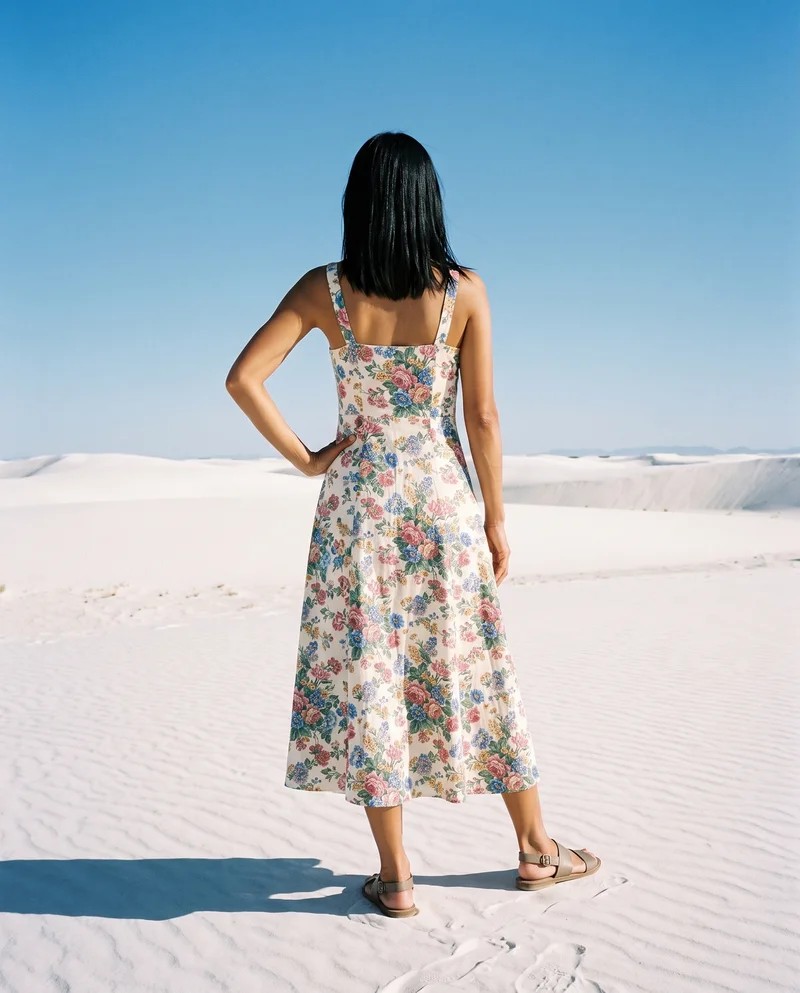 Floral Print Maxi Dress, Environmental at Back, Flash Editorial lighting