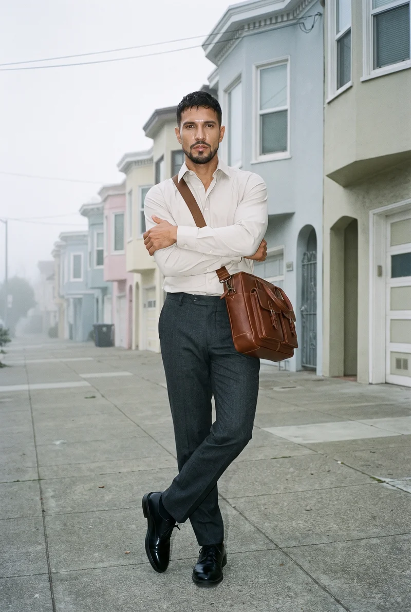 Brown Laptop Messenger Bag, Full body at Front, Flash Editorial lighting
