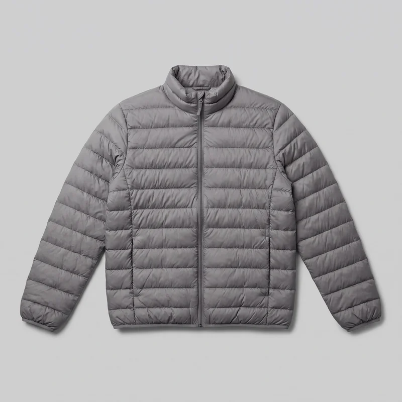 A full front view of a grey lightweight down jacket laid flat as a standalone product. The hip-length jacket has a straight silhouette, padded stand collar, long sleeves, full-length central zipper with pull tab, horizontal quilting across the body and sleeves, shoulder yoke seams, vertical front panel seams, and two inset hand pockets along the lower front side seams. The cuffs and straight hem have bound edges, with no visible logos or embellishments.