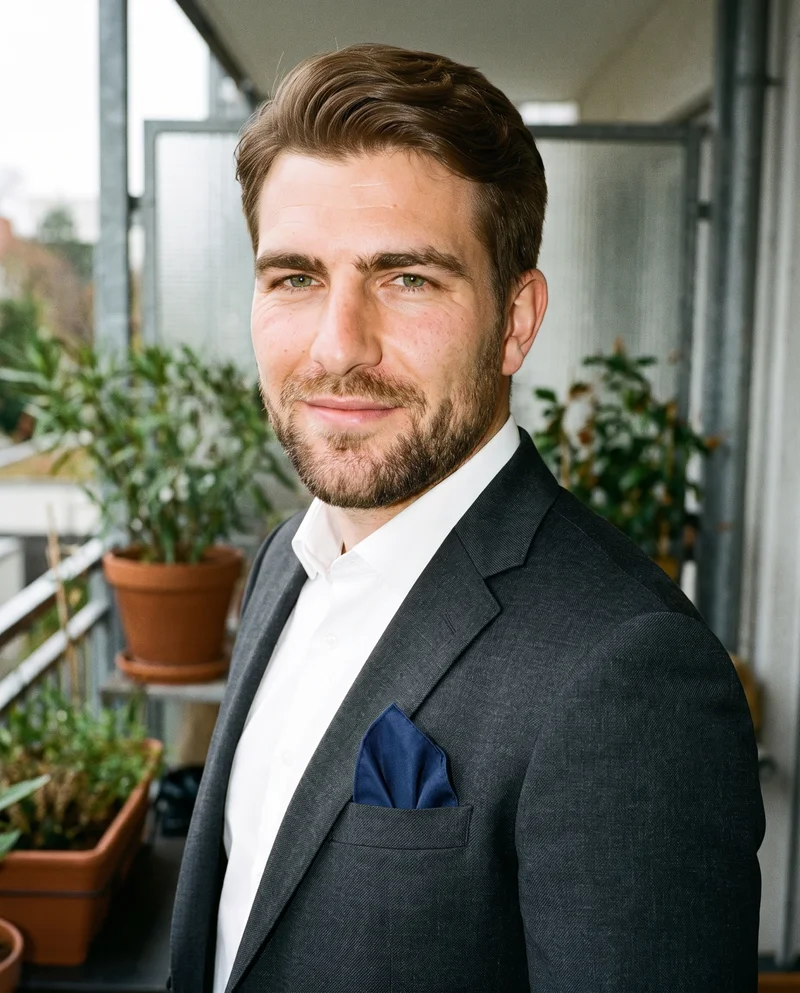 A 29-year-old Caucasian man is shown from the bust in a front three-quarter view, with one shoulder forward and a smile. He wears a navy pocket square, with balcony plants forming the backdrop.