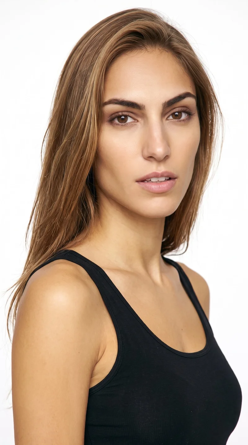 This 24-year-old Caucasian woman has medium olive skin with a neutral, greenish-golden undertone. Her face is elongated and refined, with high cheekbones and medium-thickness eyebrows. She has brown eyes and full lips. Her light-brown hair is long, worn loose past the shoulders with natural volume.