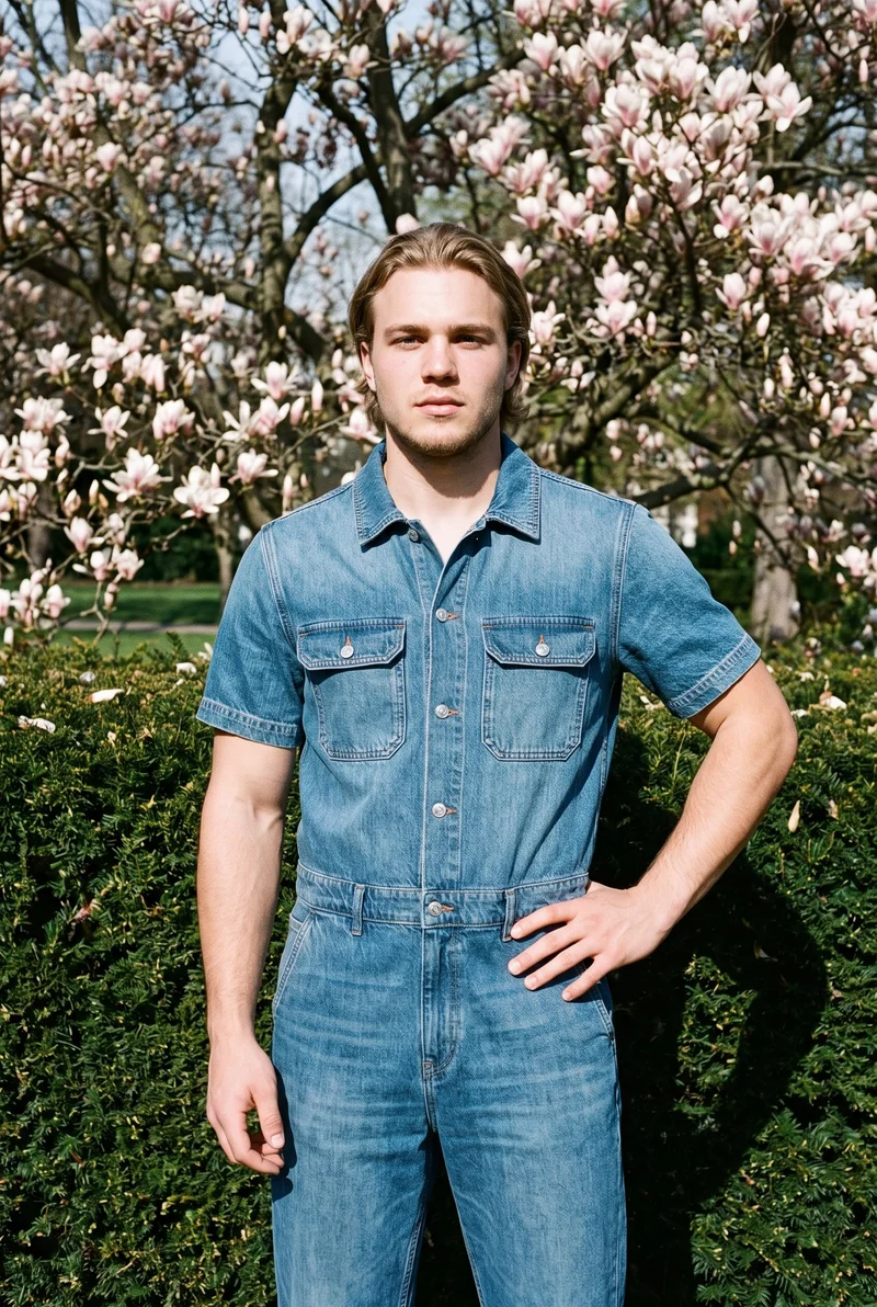 A 22-year-old Slavic man models a men's denim boilersuit in a front-facing three-quarter-length view, with one hand resting on his hip and an editorial expression. A magnolia tree park forms the backdrop.