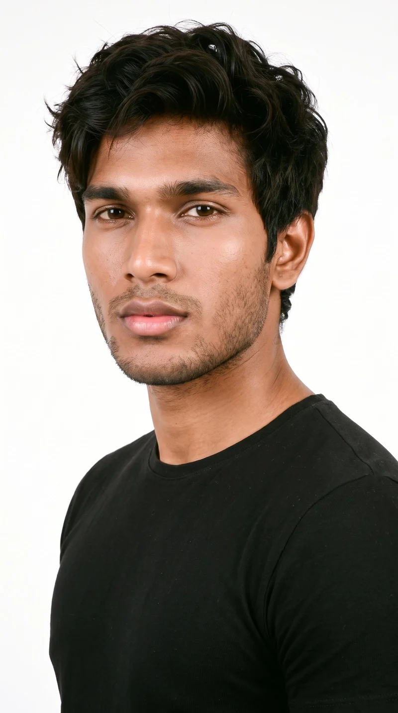 A 19-year-old Indian man with a copper-brown skin tone and neutral reddish-copper undertone has a square, angular face defined by a strong jaw and broad forehead. His thick eyebrows frame brown eyes, and his lips are very full. His dark-brown hair is tousled, with loosely styled texture and natural movement, and fine, closely trimmed stubble lightly covers the beard area.