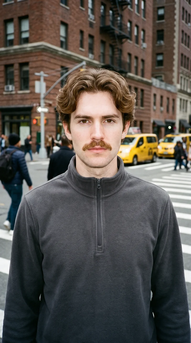 A 22-year-old Caucasian male model wears a men's charcoal fleece quarter-zip in a bust-length front view. He is posed with one shoulder forward and a fierce facial expression, with a crosswalk intersection shown as the backdrop.