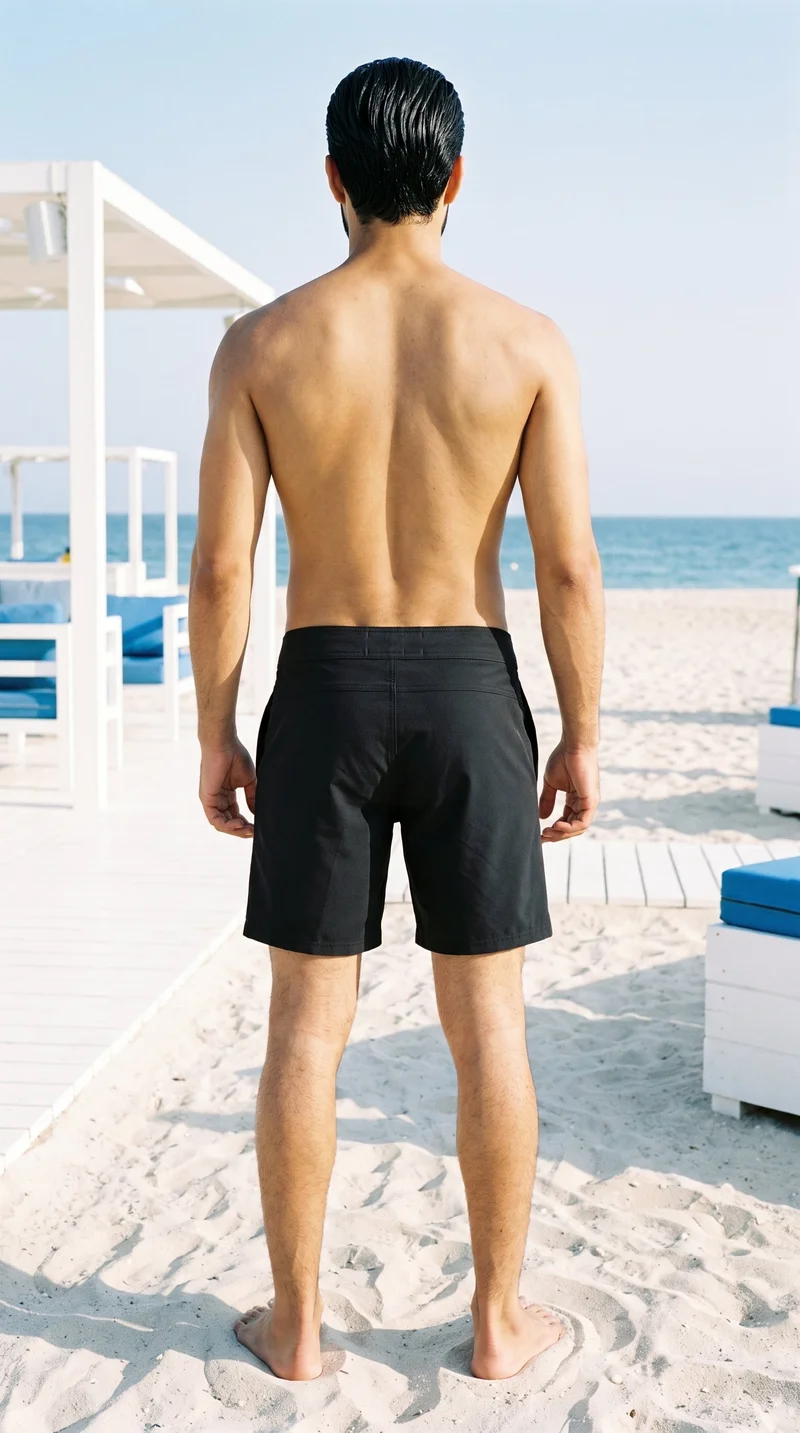 Black Board Shorts, Full body at Rear, Natural E-Commerce lighting