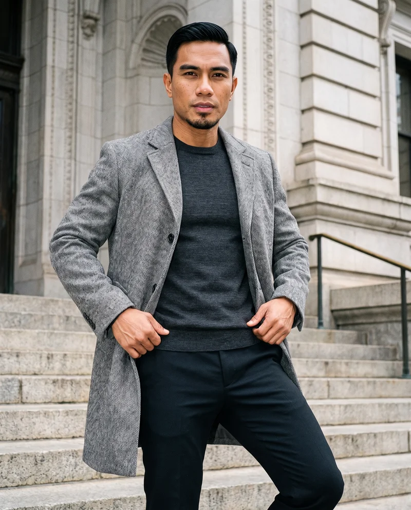 A 45-year-old Southeast Asian man wears a grey wool coat in a three-quarter-length view from a front three-quarter angle, with his hands on his waist and a curious expression. Courthouse steps form the backdrop.