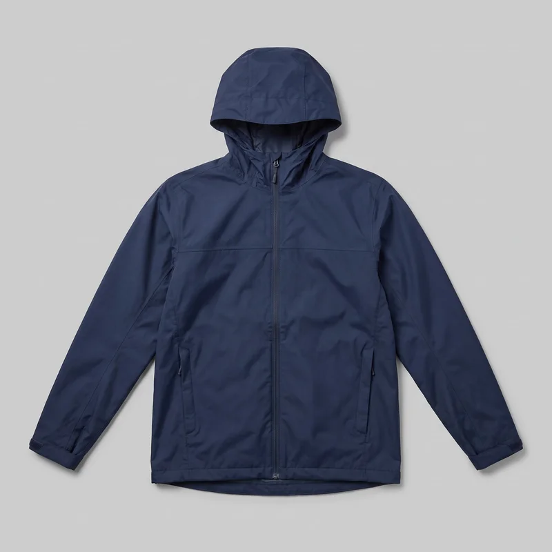 A navy adult hooded rain-shell jacket is laid flat in a mostly complete front view. It has a raised neck with an attached paneled hood, long set-in sleeves, a full center-front zipper with a ring pull, two lower zippered hand pockets, horizontal chest and yoke seams, vertical hood and body panel seams, stitched cuffs, and a stitched hem with a slightly curved back hem visible below the front hem.