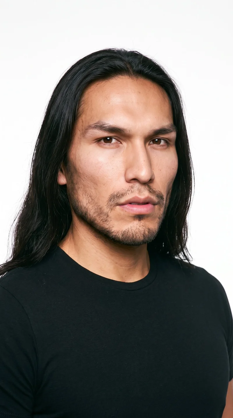 This 26-year-old Indigenous American man has brown skin with a reddish-copper undertone. His face is sharp and angular, with a defined jaw and pronounced cheekbones. He has medium-thickness eyebrows, brown eyes, and full lips. His long, deeply black hair is worn loose past the shoulders with natural volume. Short, even beard growth covers his face with a clearly visible, closely groomed texture.