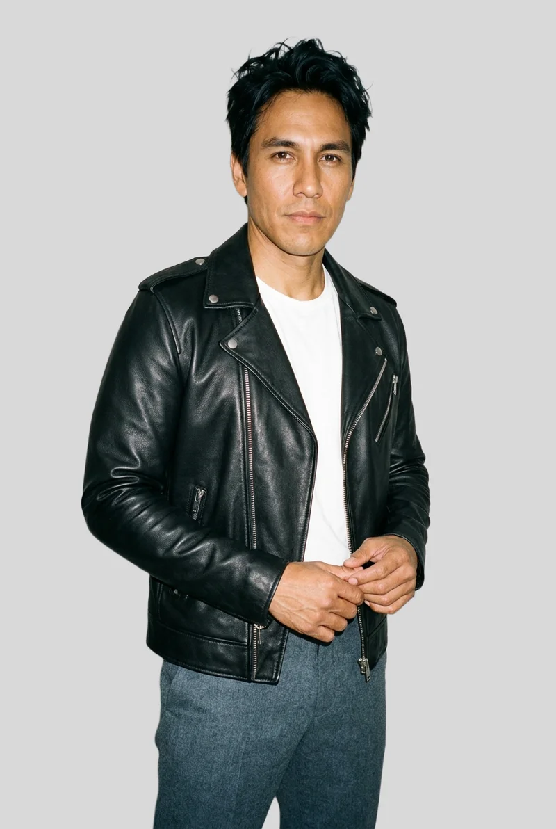 Men's Black Biker Leather Jacket, Three-quarter length at Three-quarter, Studio Cutout lighting