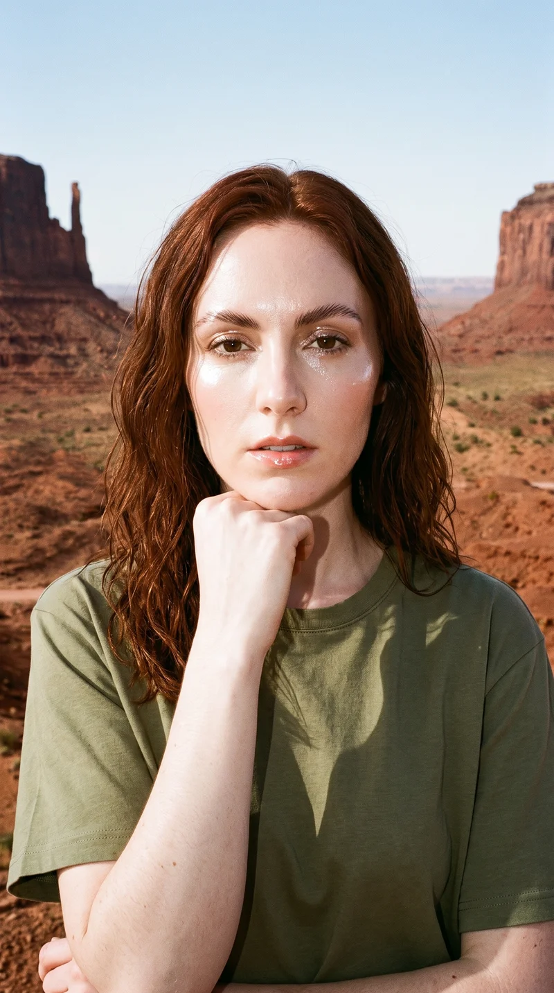 Women's Olive Oversized T-shirt, Bust at Front, Flash Editorial lighting