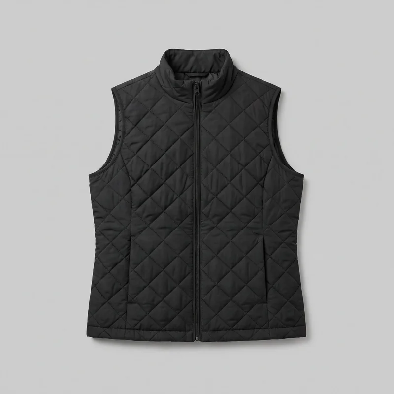 A black sleeveless quilted vest is shown in a standalone front view. It has a high stand collar, bound armholes, a centered full-length zipper, vertical panel seams, all-over diamond quilting, two lower front welt pockets, and a straight full-length hem.