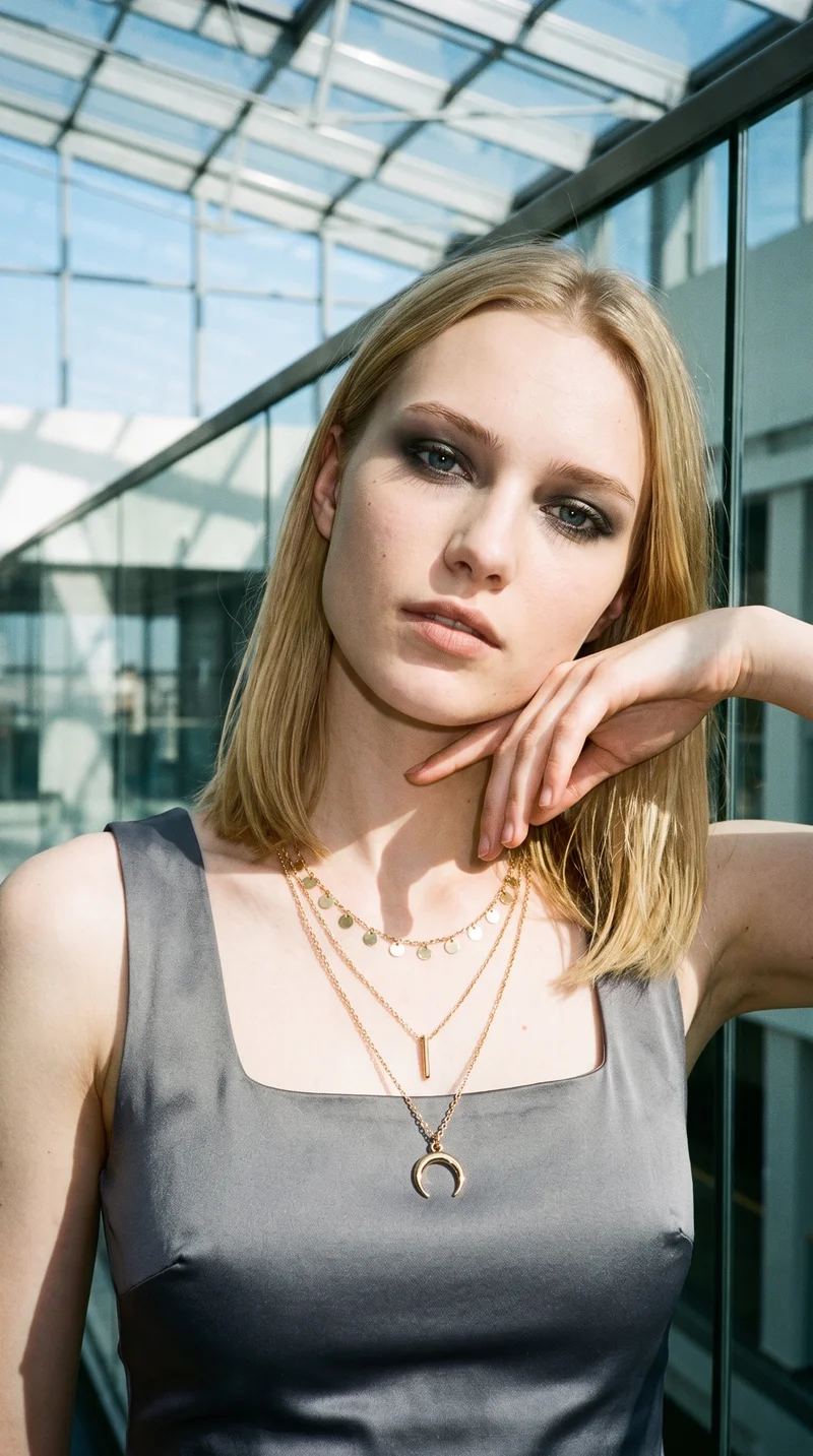 Women's Gold Layered Necklace, Upper body at Three-quarter, Flash Editorial lighting