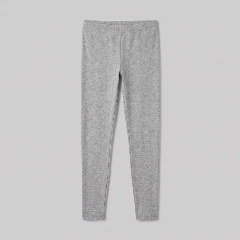 Grey marl pull-on leggings shown in a full front flat-lay view. The slim, bodycon design has a wide flat elastic waistband, a visible center front rise seam, inner leg and side seams, and straight stitched ankle hems.