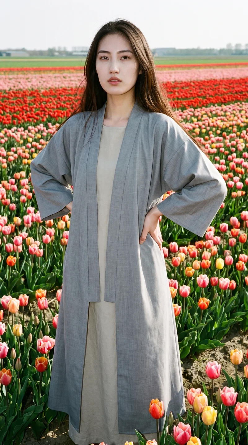 A 24-year-old Chinese woman wears a grey kimono abaya, shown in a three-quarter-length frame from a front three-quarter angle with her hands on her waist and a neutral expression. A tulip field serves as the backdrop.