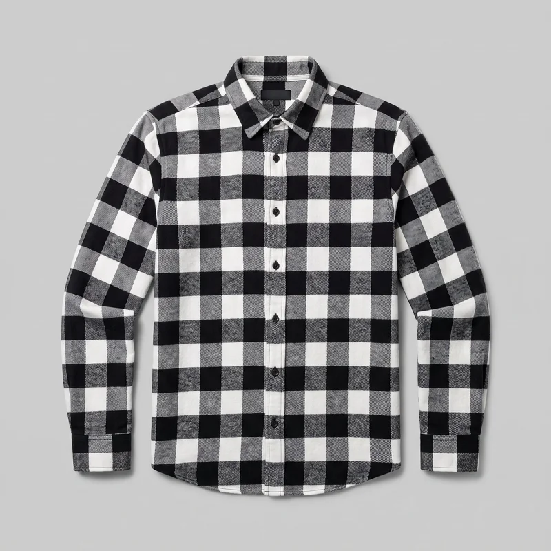 A full black and white buffalo-check flannel shirt is shown laid flat in a front-facing view. It has a pointed turn-down collar, central button placket with round buttons, long sleeves with squared cuffs, and a curved shirttail hem. The large-scale check pattern continues across the body, sleeves, collar, placket, and cuffs.