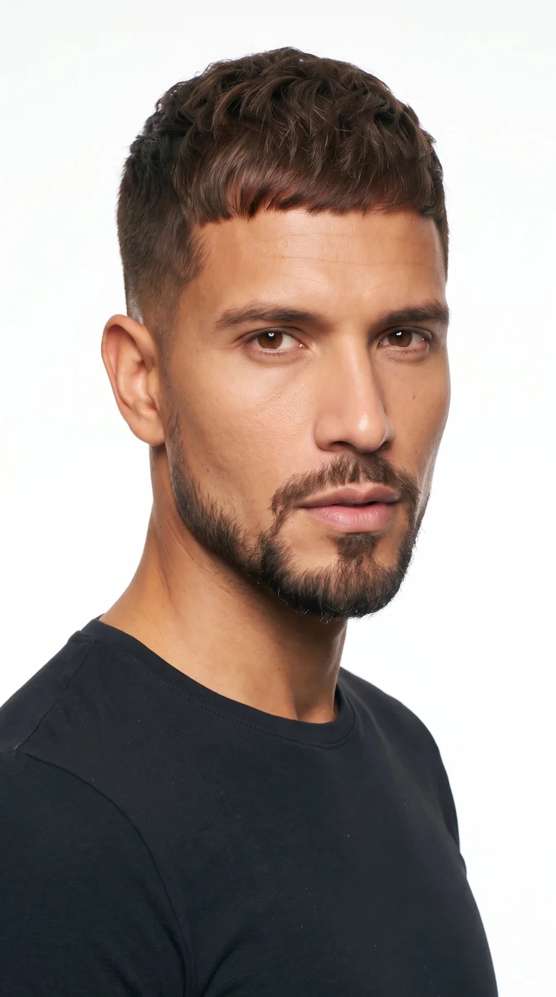 A 38-year-old Hispanic man with medium-brown caramel skin and a green-olive undertone. His face is square, with a broad forehead and a strong, defined angular jaw. He has medium-thick eyebrows, brown eyes, and full lips. His chestnut-brown hair has a reddish undertone and is styled in a French crop with short sides and a short, blunt fringe. A connected moustache and rounded goatee form a circle beard around his mouth.