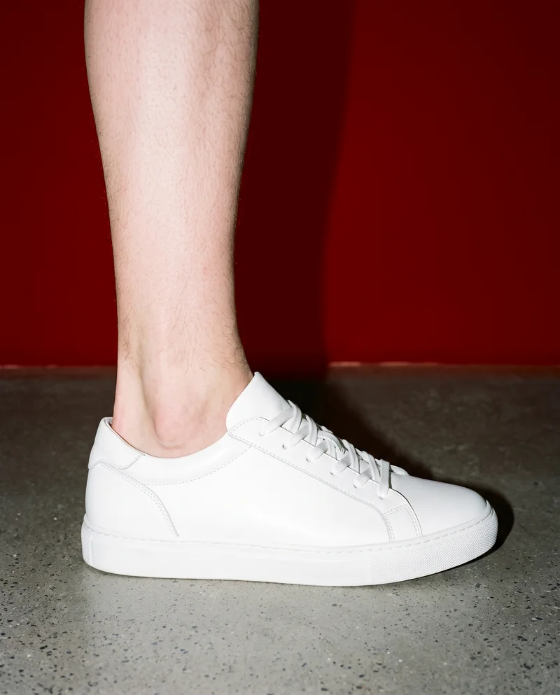 Men's White Leather Sneakers, Ankle at Side, Natural E-Commerce lighting