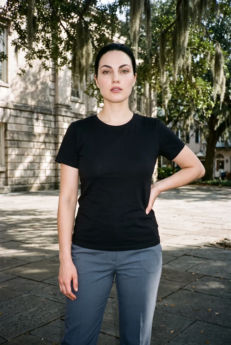 A 28-year-old Caucasian woman wears a black T-shirt in a three-quarter-length front view, posing with one hand on her waist and a confident expression. The Spanish Moss Historic Square appears as the backdrop.